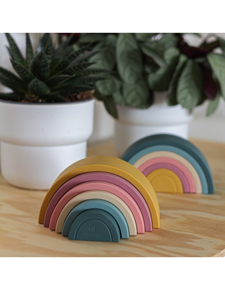 BN-599817,Petite&Mars - Jucarie pentru stivuire, Curcubeu, 14x7.5x5 cm, Silicon, Fara BPA, 6 piese, 12 luni+, Verde