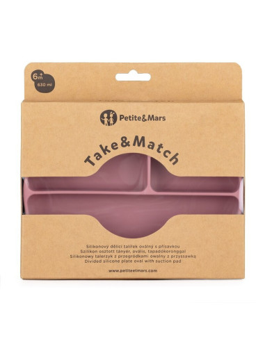 BN-717820,Petite&Mars - Farfurie compartimentata Take&Match, Ovala, Cu ventuza si 3 compartimente, Silicon, Fara BPA, 630 ml, 6 