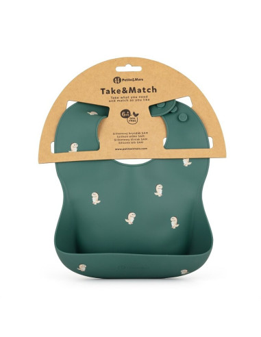 BN-706717,Petite&Mars - Baveta moale Take&Match, Reglabil, Cu buzunar colector, Silicon, Fara BPA, 6 luni+, Model dinozauri, Ver