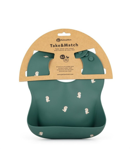 BN-706717,Petite&Mars - Baveta moale Take&Match, Reglabil, Cu buzunar colector, Silicon, Fara BPA, 6 luni+, Model dinozauri, Ver