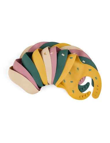 BN-706717,Petite&Mars - Baveta moale Take&Match, Reglabil, Cu buzunar colector, Silicon, Fara BPA, 6 luni+, Model dinozauri, Ver