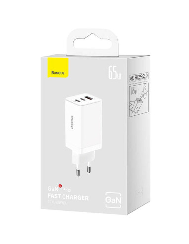 P10110812227-Z1,INCARCATOR retea Baseus, GaN5 Pro Fast Charger 65W, 2 x USB Type-C 5V/3A, 1 x USB 5V/3A, cablu fast charging Typ
