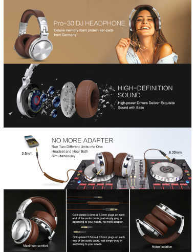 Pro30,Casca OneOdio cu fir detasabil, tip over ear, utilizare profesionala, DJ, conectare prin Jack 3.5 mm | Jack 6.35 mm, difuz