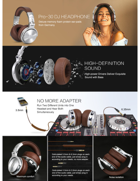 Pro30,Casca OneOdio cu fir detasabil, tip over ear, utilizare profesionala, DJ, conectare prin Jack 3.5 mm | Jack 6.35 mm, difuz