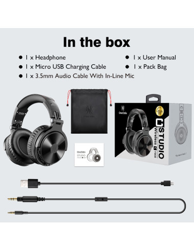 Pro-C-Black,Casca OneOdio wireless, cu fir, tip over ear, utilizare multimedia, conectare prin Bluetooth 5.0 | Jack 3.5 mm | Jac