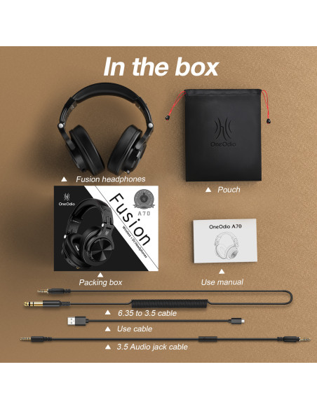 Fusion-A70-Black,Casca OneOdio wireless, cu fir, tip over ear, utilizare multimedia, DJ, conectare prin Bluetooth 5.2 | Jack 3.5