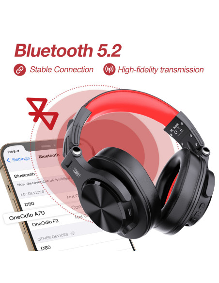 Fusion-A70-Red,Casca OneOdio wireless, cu fir, tip over ear, utilizare multimedia, DJ, conectare prin Bluetooth 5.2 | Jack 3.5 m