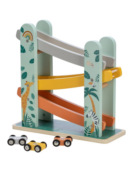 BN-80654,Pista de masini, Din lemn, Cu 3 masinute incluse, 26.9 x 23.6 x 7 cm, Free2Play, Safari