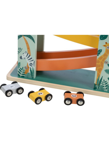 BN-80654,Pista de masini, Din lemn, Cu 3 masinute incluse, 26.9 x 23.6 x 7 cm, Free2Play, Safari