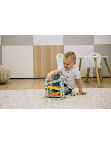 BN-80654,Pista de masini, Din lemn, Cu 3 masinute incluse, 26.9 x 23.6 x 7 cm, Free2Play, Safari