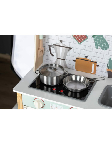 BN-80579,Bucatarie pentru copii, Mini Chef, Din lemn, Cu efecte de sunet si lumina, Cu accesorii, 70 x 30 x 104 cm, Free2Play