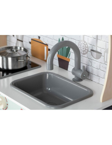 BN-80579,Bucatarie pentru copii, Mini Chef, Din lemn, Cu efecte de sunet si lumina, Cu accesorii, 70 x 30 x 104 cm, Free2Play
