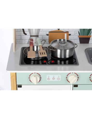 BN-80579,Bucatarie pentru copii, Mini Chef, Din lemn, Cu efecte de sunet si lumina, Cu accesorii, 70 x 30 x 104 cm, Free2Play