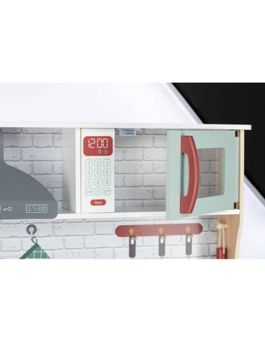BN-80579,Bucatarie pentru copii, Mini Chef, Din lemn, Cu efecte de sunet si lumina, Cu accesorii, 70 x 30 x 104 cm, Free2Play