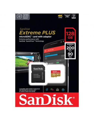 SDSQXBD-128G-GN6MA,Memory Card microSDXC SanDisk by WD Extreme PLUS 128GB, UHS-I U3, V30, A2 + Adaptor SD