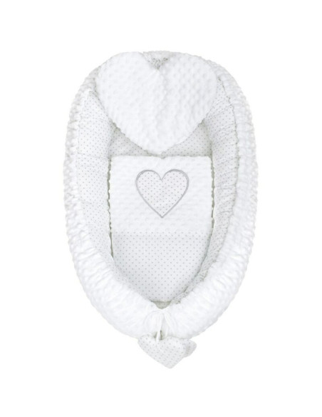 BN-37140,Set 3 piese Luxury, Baby Nest cu doua fete, Cu paturica si pernuta in forma de inima, New Baby, Minky Heart White