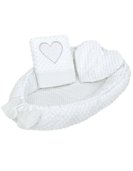 BN-37140,Set 3 piese Luxury, Baby Nest cu doua fete, Cu paturica si pernuta in forma de inima, New Baby, Minky Heart White