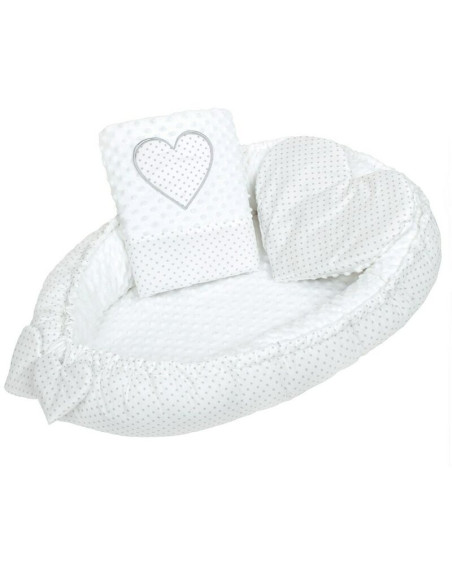 BN-37140,Set 3 piese Luxury, Baby Nest cu doua fete, Cu paturica si pernuta in forma de inima, New Baby, Minky Heart White