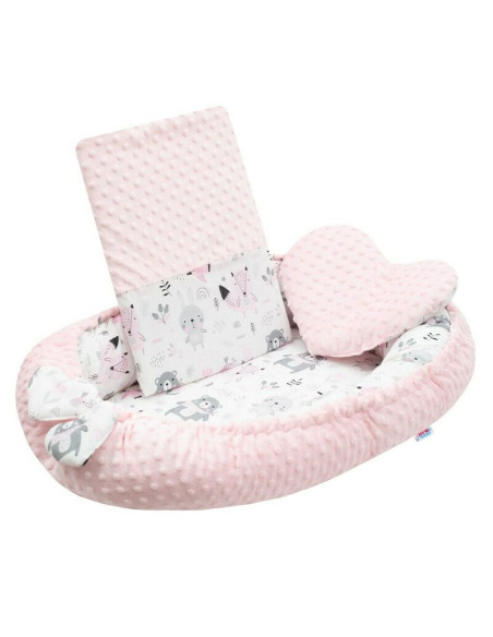BN-42979,Set 3 piese Luxury, Baby Nest cu doua fete, Cu paturica si pernuta in forma de inima, New Baby, Minky Bears Pink