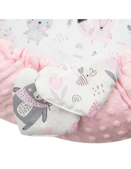BN-42979,Set 3 piese Luxury, Baby Nest cu doua fete, Cu paturica si pernuta in forma de inima, New Baby, Minky Bears Pink