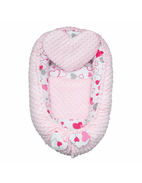 BN-43812,Set 3 piese Luxury, Baby Nest cu doua fete, Cu paturica si pernuta in forma de inima, New Baby, Minky Hearts Pink