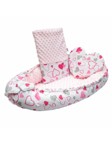 BN-43812,Set 3 piese Luxury, Baby Nest cu doua fete, Cu paturica si pernuta in forma de inima, New Baby, Minky Hearts Pink