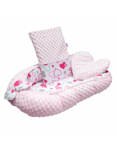 BN-43812,Set 3 piese Luxury, Baby Nest cu doua fete, Cu paturica si pernuta in forma de inima, New Baby, Minky Hearts Pink