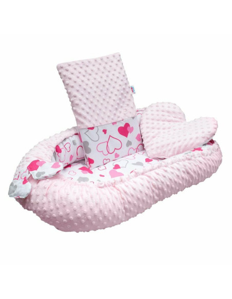 BN-43812,Set 3 piese Luxury, Baby Nest cu doua fete, Cu paturica si pernuta in forma de inima, New Baby, Minky Hearts Pink