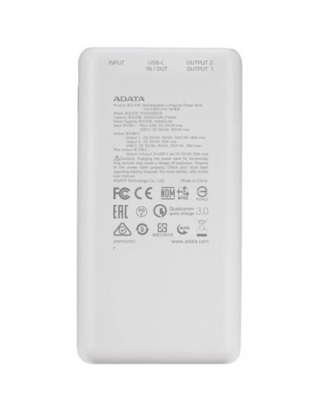 AP20000QCD-DGT-CWH,Baterie portabila A-Data P20000QCD, 20000mAh, 2x USB, 1x USB-C, Alb