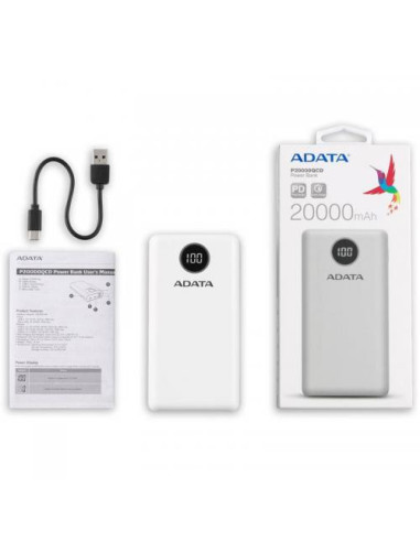 AP20000QCD-DGT-CWH,Baterie portabila A-Data P20000QCD, 20000mAh, 2x USB, 1x USB-C, Alb