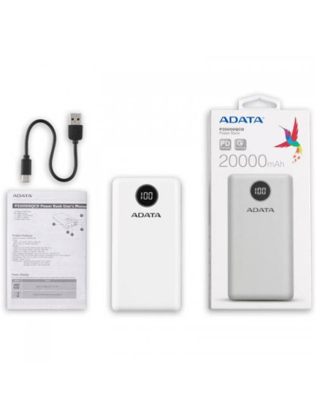 AP20000QCD-DGT-CWH,Baterie portabila A-Data P20000QCD, 20000mAh, 2x USB, 1x USB-C, Alb