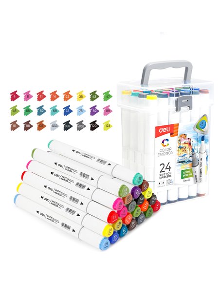 DLE70803-24,Set 24 Markere sketching DELI varf dublu rotund 1-7 mm, Cutie plastic, Color emotion