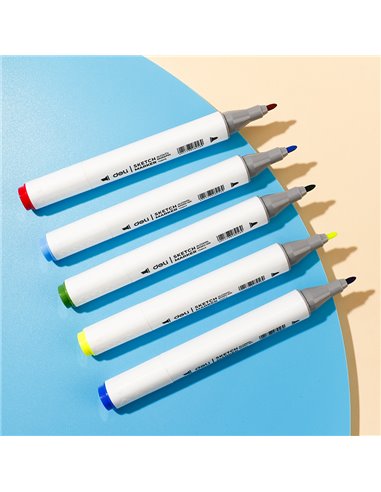 DLE70803-24,Set 24 Markere sketching DELI varf dublu rotund 1-7 mm, Cutie plastic, Color emotion