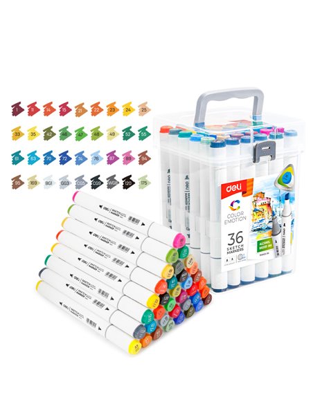 DLE70803-36,Set 36 Markere sketching DELI varf dublu rotund 1-7 mm, Cutie plastic, Color emotion