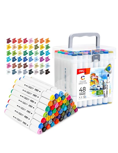 DLE70803-48,Set 48 Markere sketching DELI varf dublu rotund 1-7 mm, Cutie plastic, Color emotion DLE70803-48,Set 48 Markere sketching DELI varf dublu rotund 1-7 mm, Cutie plastic, Color emotion
