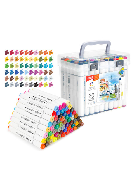 DLE70803-60,Set 60 markere sketching varf dublu rotund 1mm/tesit 7mm cutie plastic color emotion deli