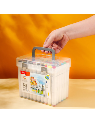 DLE70803-60,Set 60 markere sketching varf dublu rotund 1mm/tesit 7mm cutie plastic color emotion deli