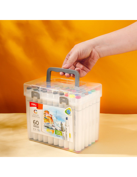 DLE70803-60,Set 60 markere sketching varf dublu rotund 1mm/tesit 7mm cutie plastic color emotion deli