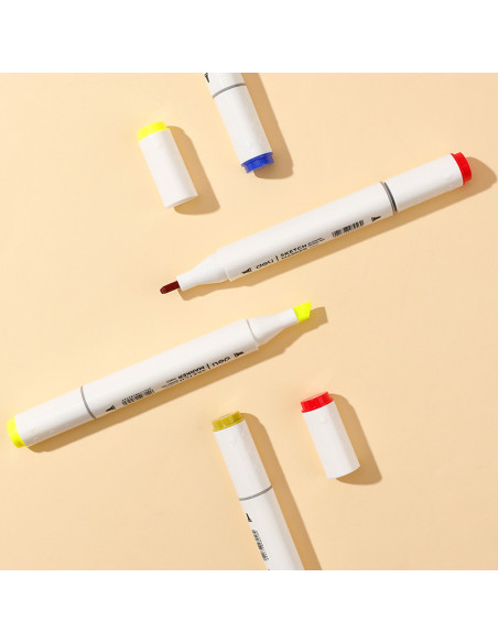 DLE70803-60,Set 60 markere sketching varf dublu rotund 1mm/tesit 7mm cutie plastic color emotion deli