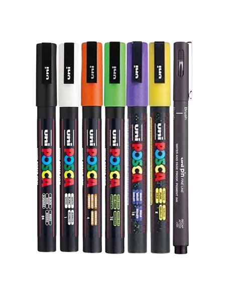 POS16,Set 6 Markere UNI-POSCA PC-3M, 0.9-1.3 mm + Liner Uni, POS16