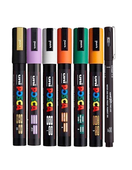 POS17,Set 6 Markere UNI-POSCA PC-5M, 1.8-2.5 mm + Liner Uni, POS17