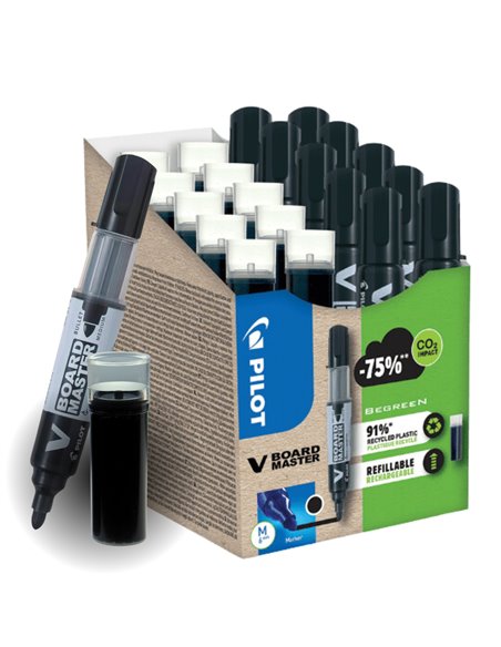 Pachet Begreen VBoard, 10 markere + 10 rezerve, varf rotund, Pilot, Negru