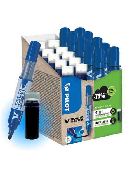 Pachet Begreen VBoard, 10 markere + 10 rezerve, varf rotund, Pilot, Albastru