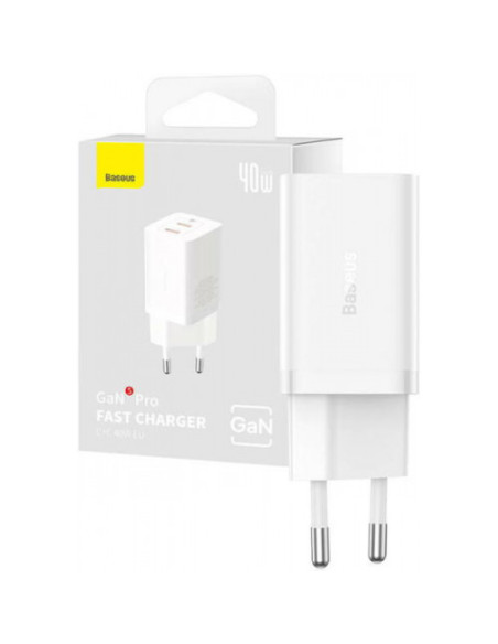 CCGP180102,Incarcator retea Baseus GaN5 Pro, Quick Charge 40W, 2 x USB Type-C, alb "CCGP180102" - 6932172627911