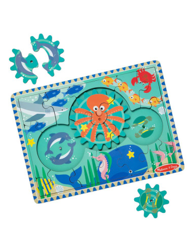 MD31003,Puzzle educativ din lemn, cu rotite dintate, Oceanul, 8 piese, pentru copii 3 ani+, Melissa&Doug 31003