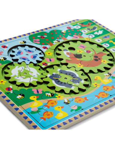 MD31004,Puzzle din lemn cu rotite dintate pentru invatarea numararii prin joaca Animale vesele MD31004,Puzzle din lemn cu rotite dintate pentru invatarea numararii prin joaca Animale vesele