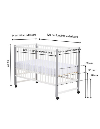 BN-QMMAY8CM01AL,Patut din lemn bebe, 120x60 cm, Din lemn de pin si mdf, Stabil si rezistent, Inaltime saltea reglabila pe 3 nive