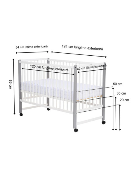 BN-QMMAY12CM01AL,Patut din lemn bebe, 120x60 cm, Din lemn de pin si mdf, Stabil si rezistent, Inaltime saltea reglabila pe 3 niv