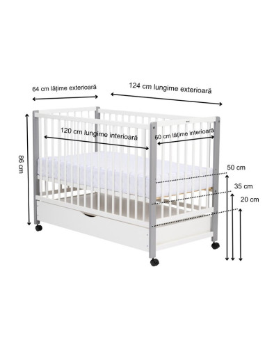 BN-QMMAY12CM02AL,Patut din lemn bebe, 120x60 cm, Cu sertar cu capac, Din lemn de pin si mdf, Stabil si rezistent, Inaltime salte