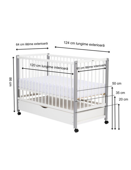 BN-QMMAY12CM02AL,Patut din lemn bebe, 120x60 cm, Cu sertar cu capac, Din lemn de pin si mdf, Stabil si rezistent, Inaltime salte
